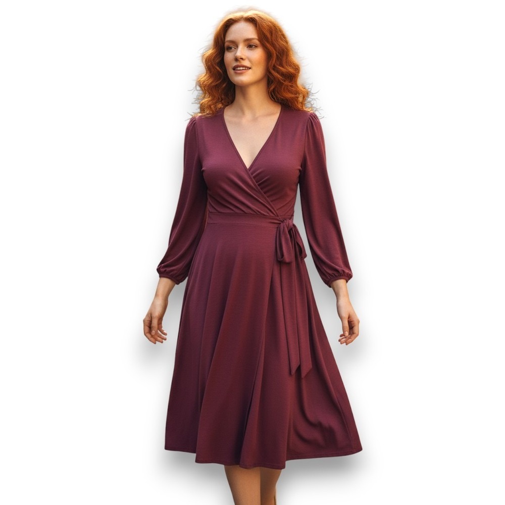 Socialite Wrap Dress Womens Sz XL Long Sleeve Bordeaux Casual Party Mini Dress‎